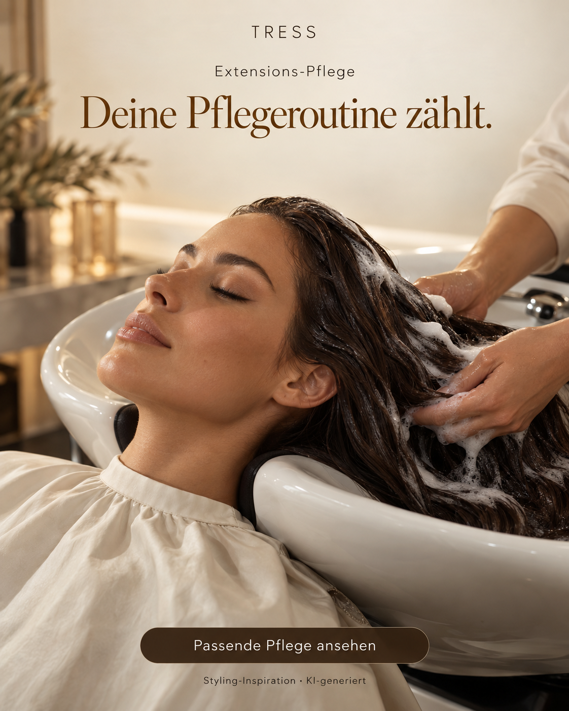 Extensions-Pflege – Deine Pflegeroutine zählt. KI-generierte Styling-Inspiration, keine verbindliche Produkt- oder Farbdarstellung.