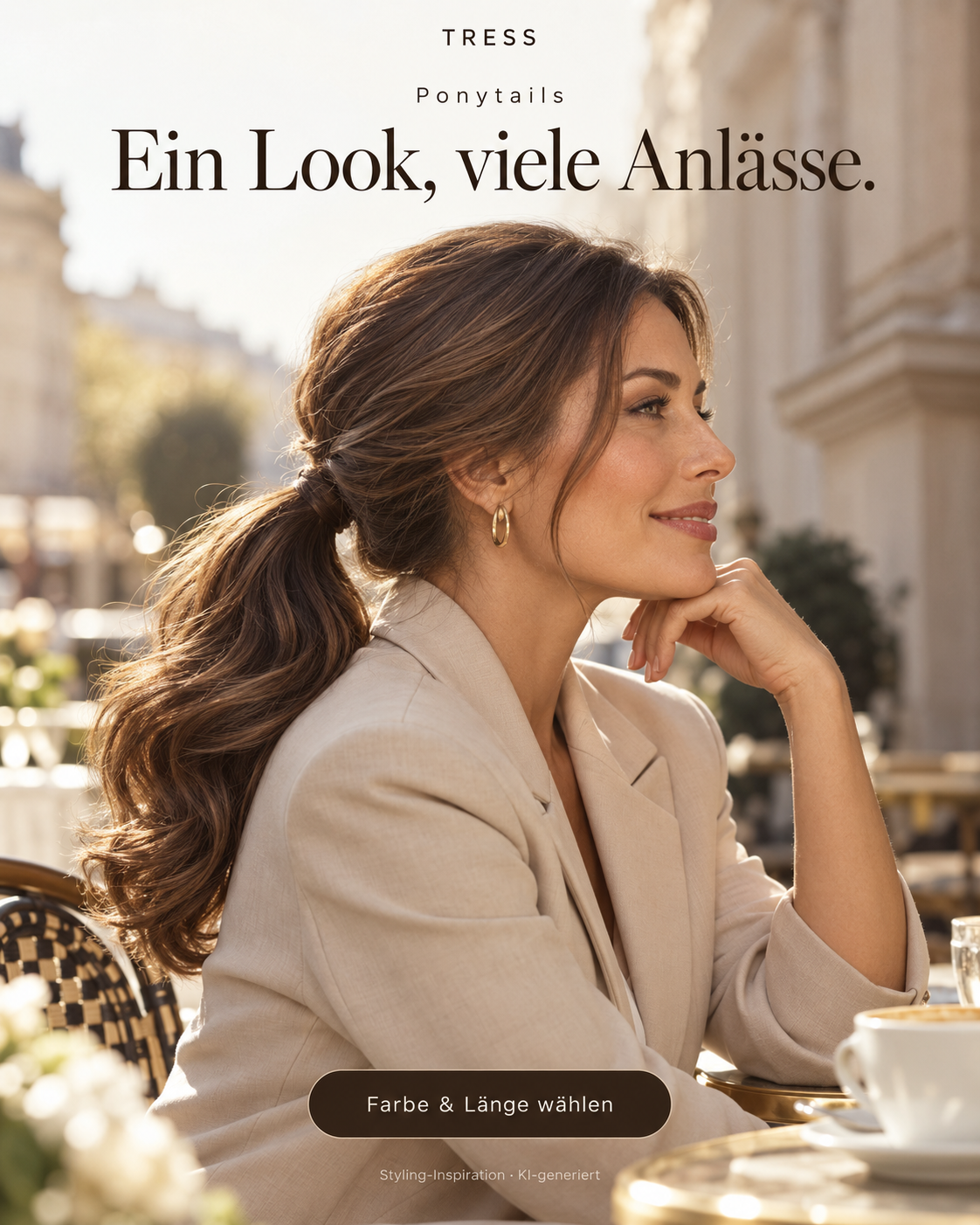 Ponytails – Ein Look, viele Anlässe. KI-generierte Styling-Inspiration, keine verbindliche Produkt- oder Farbdarstellung.