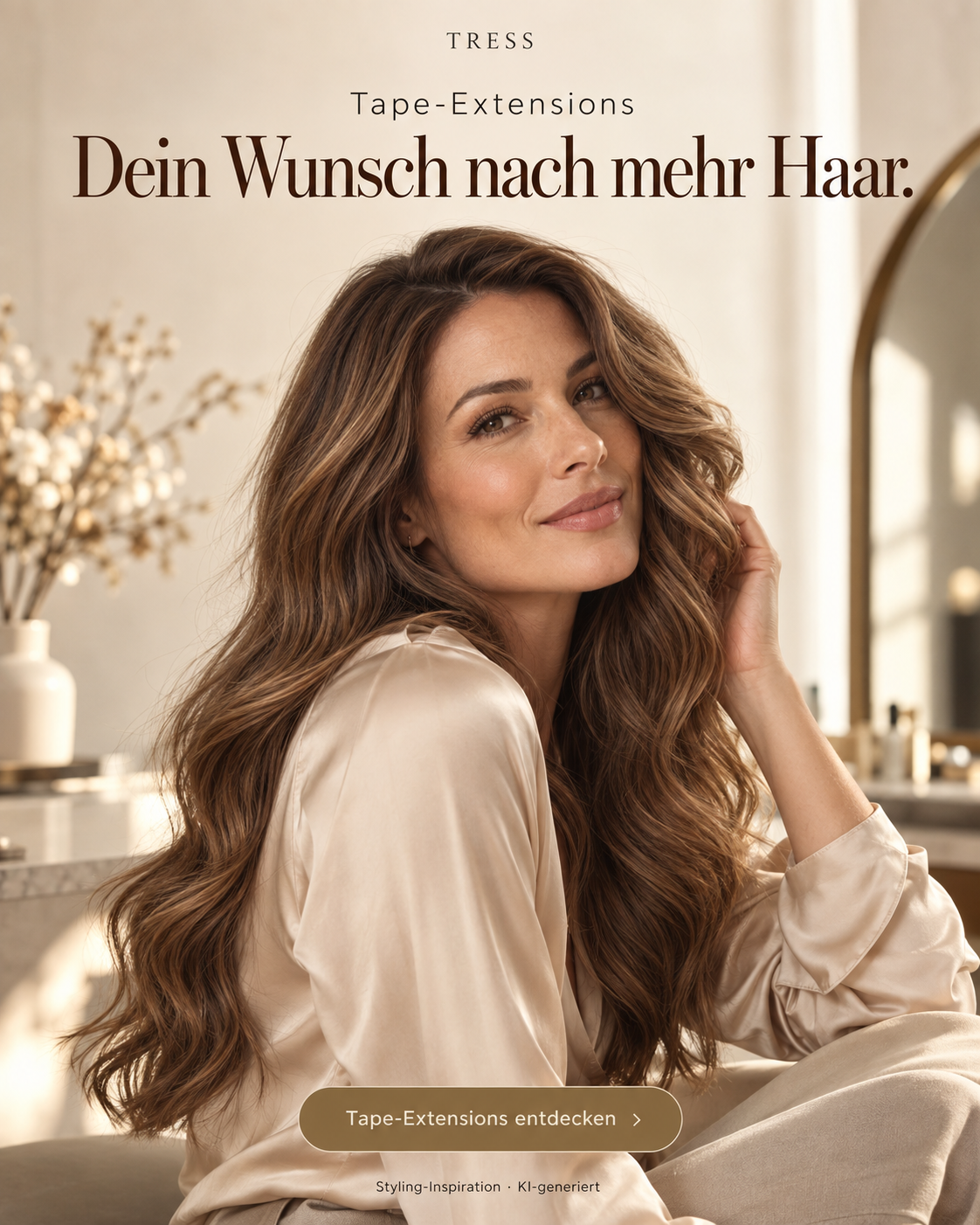 Tape-Extensions – Dein Wunsch nach mehr Haar. KI-generierte Styling-Inspiration, keine verbindliche Produkt- oder Farbdarstellung.